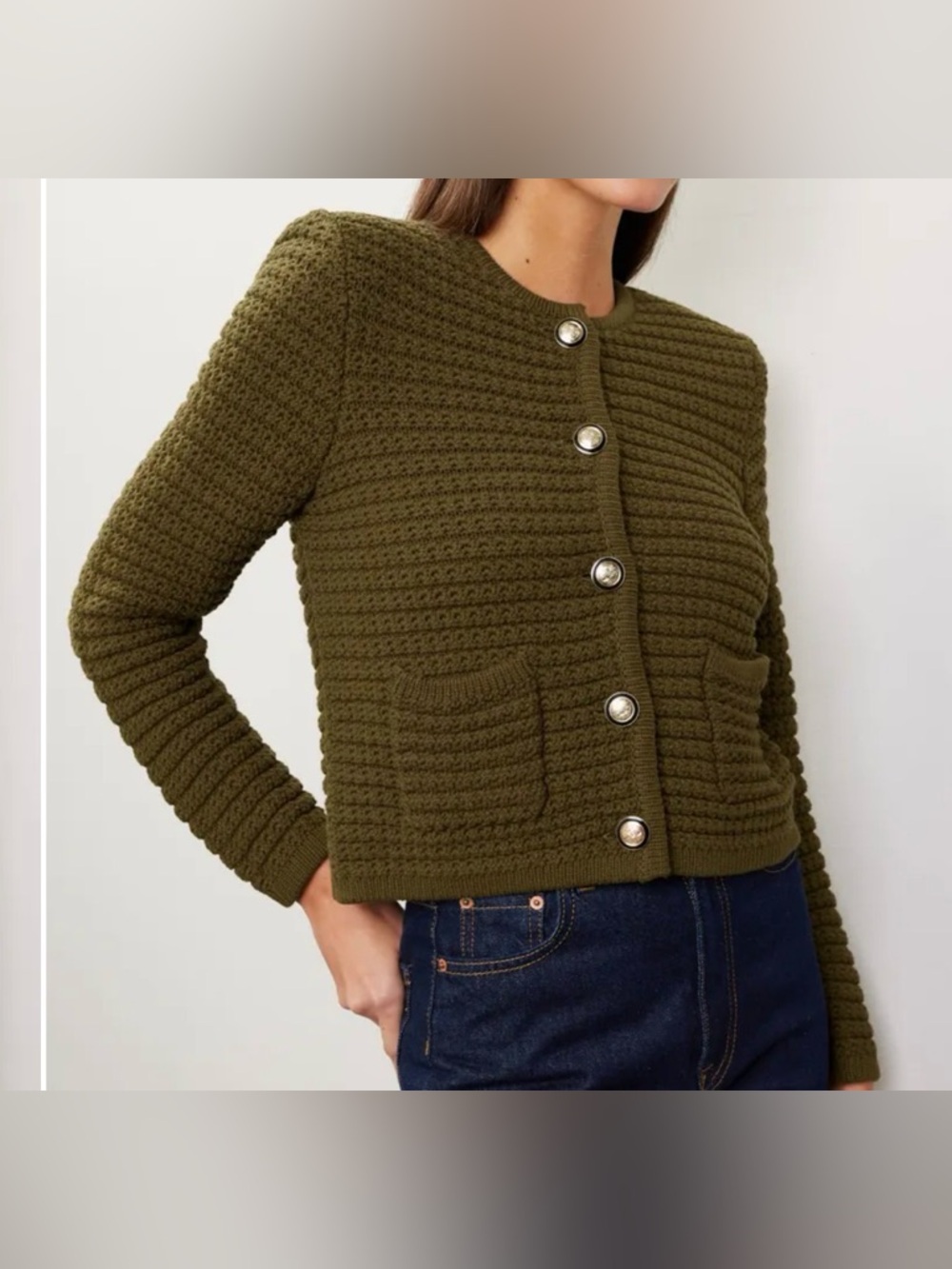 ba&sh Gaspard Cardigan Tan Open-Weave Knit Crop - Picture 2 of 11